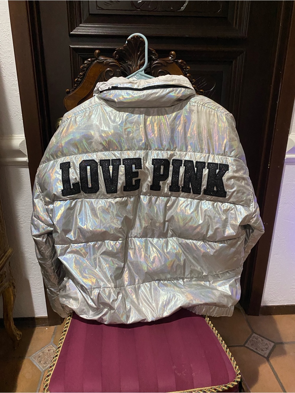 PINK Victoria's Secret Iridescent Silver Bomber Jacket with Black Trim - Picture 8 of 10